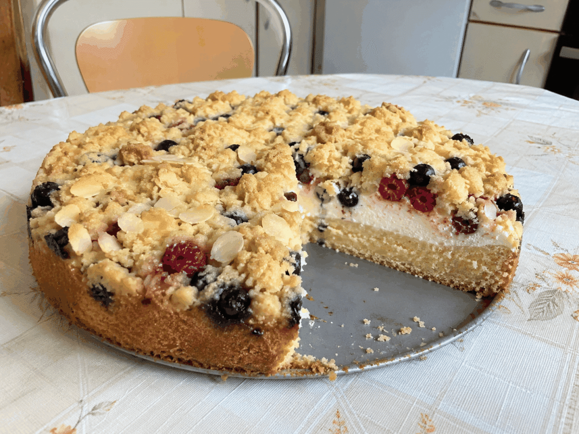 Ciasto owocowe z serem i kruszonką z migdałami